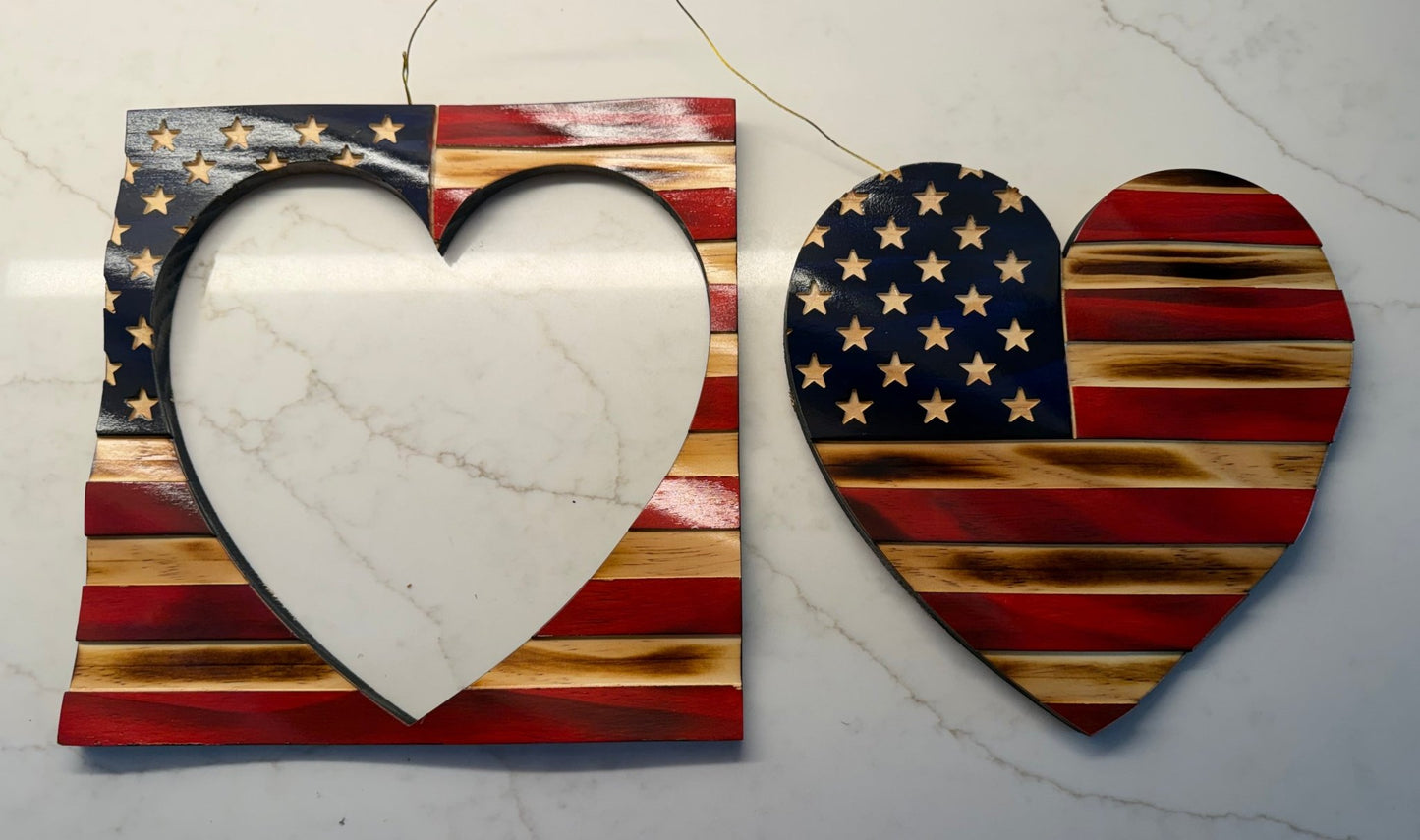 Wooden American Flag Art - 50 Star Wavy - Heart - Cutout approx 11”x11”