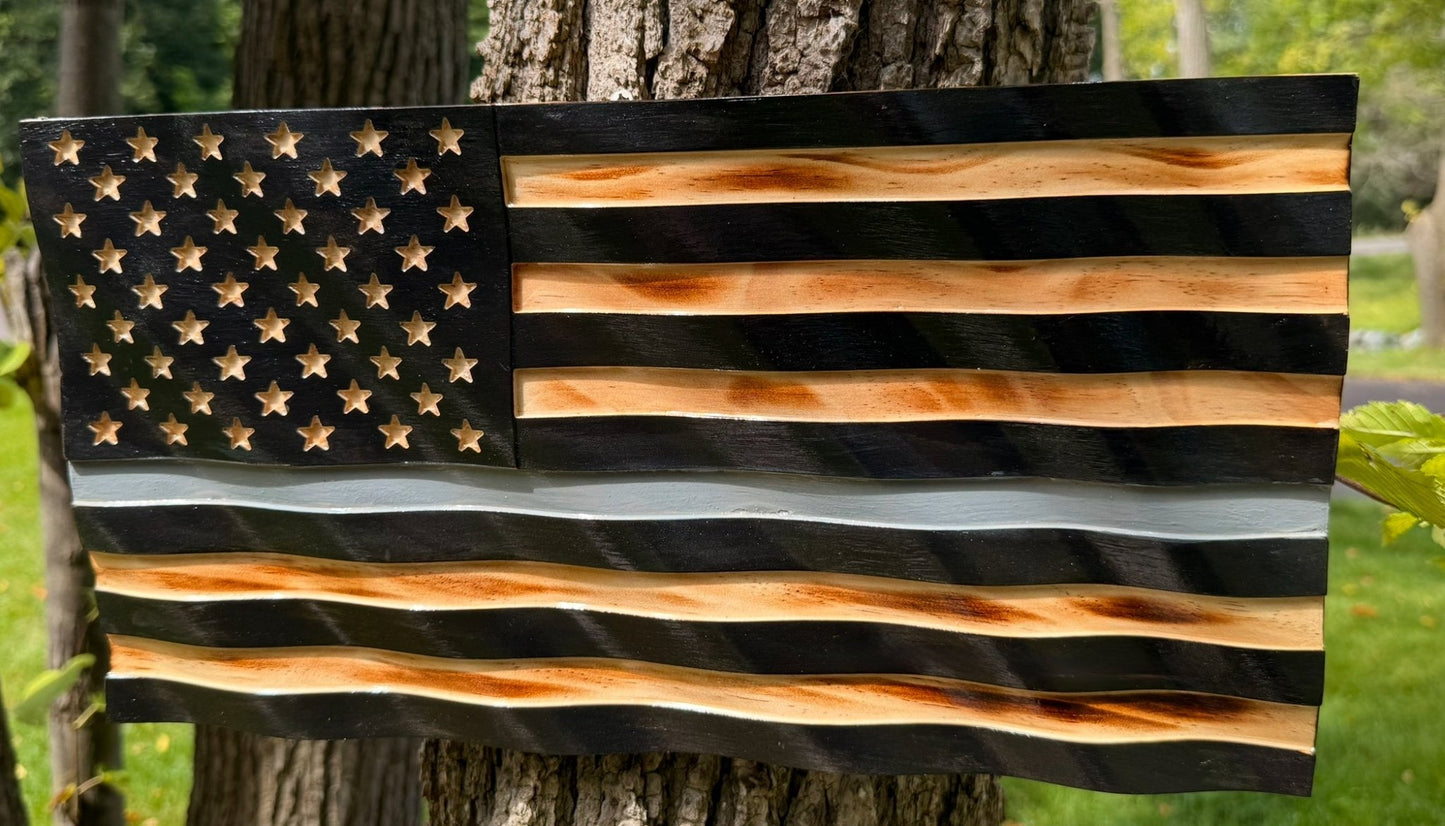Wooden American Flag Art - 50 Star - Wavy - Honors Flag Correction Officer - Silver Line Shown