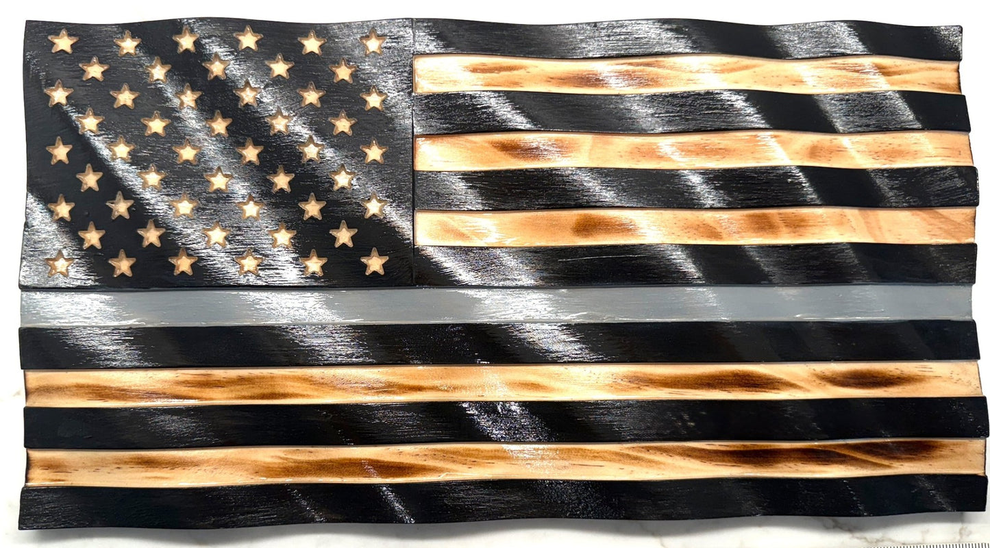 Wooden American Flag Art - 50 Star - Wavy - Honors Flag Correction Officer - Silver Line Shown
