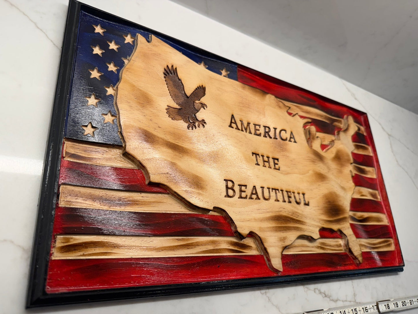 Wooden American Flag Art - 50 Star - USA Map - America the Beautiful - with Carved Frame
