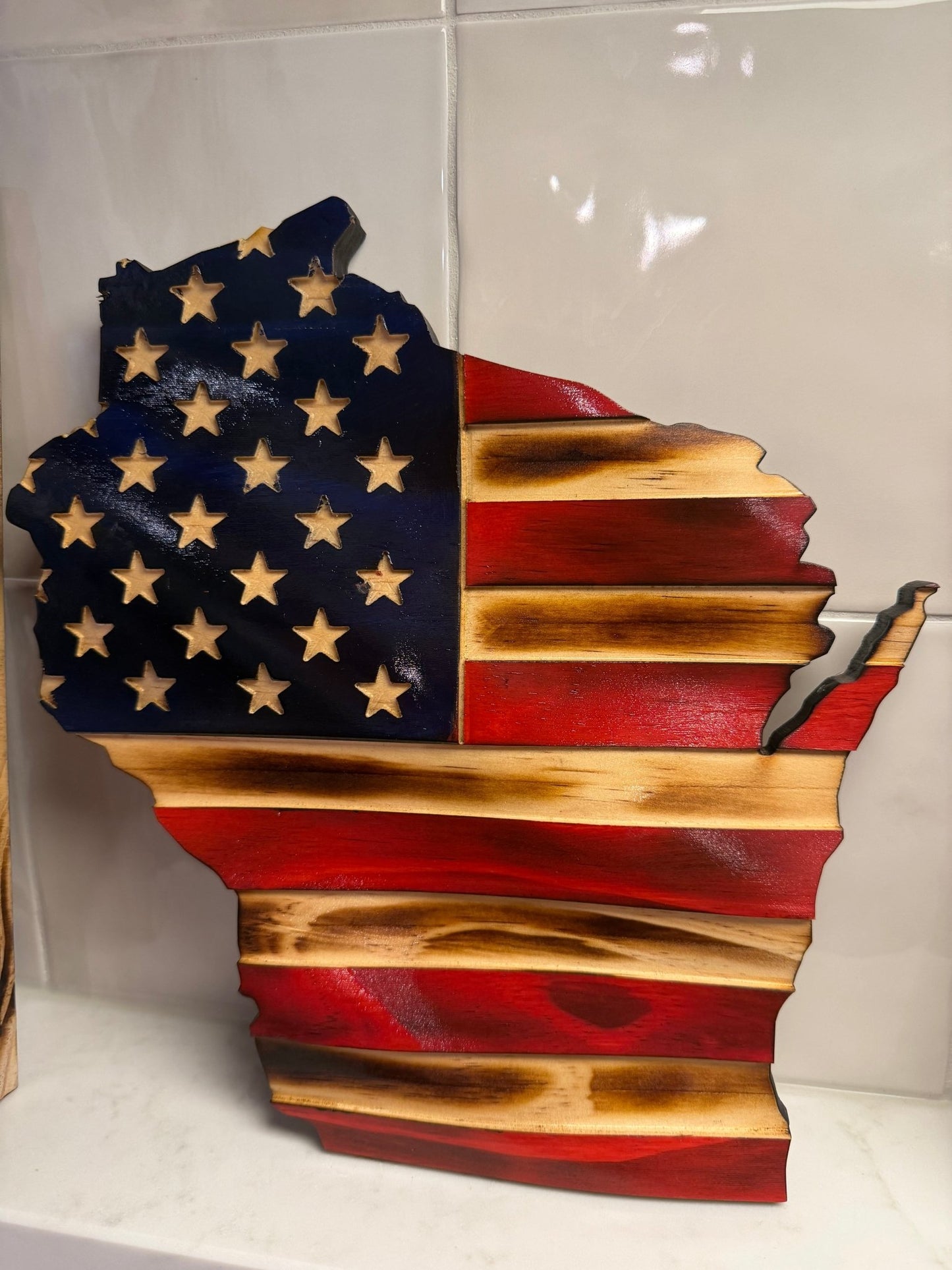Wooden American Flag Art - 50 Star Wavy - Wisconsin Map - Cutout approx 11”x11”