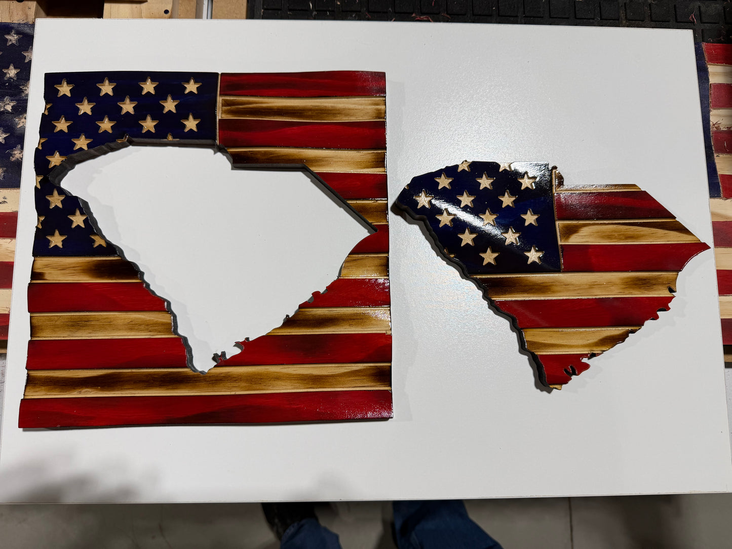 Wooden American Flag Art - 50 Star Wavy - South Carolina Map - Cutout approx 11”x11”