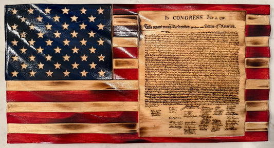 Wooden Flag - 50-Star - Wavy - Declaration of Independence - Rustic