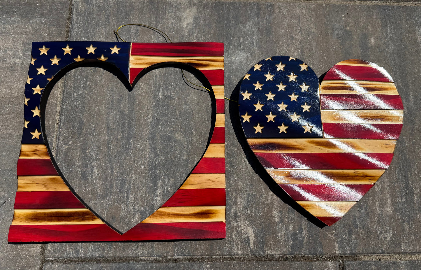 Wooden American Flag Art - 50 Star Wavy - Heart - Cutout approx 11”x11”