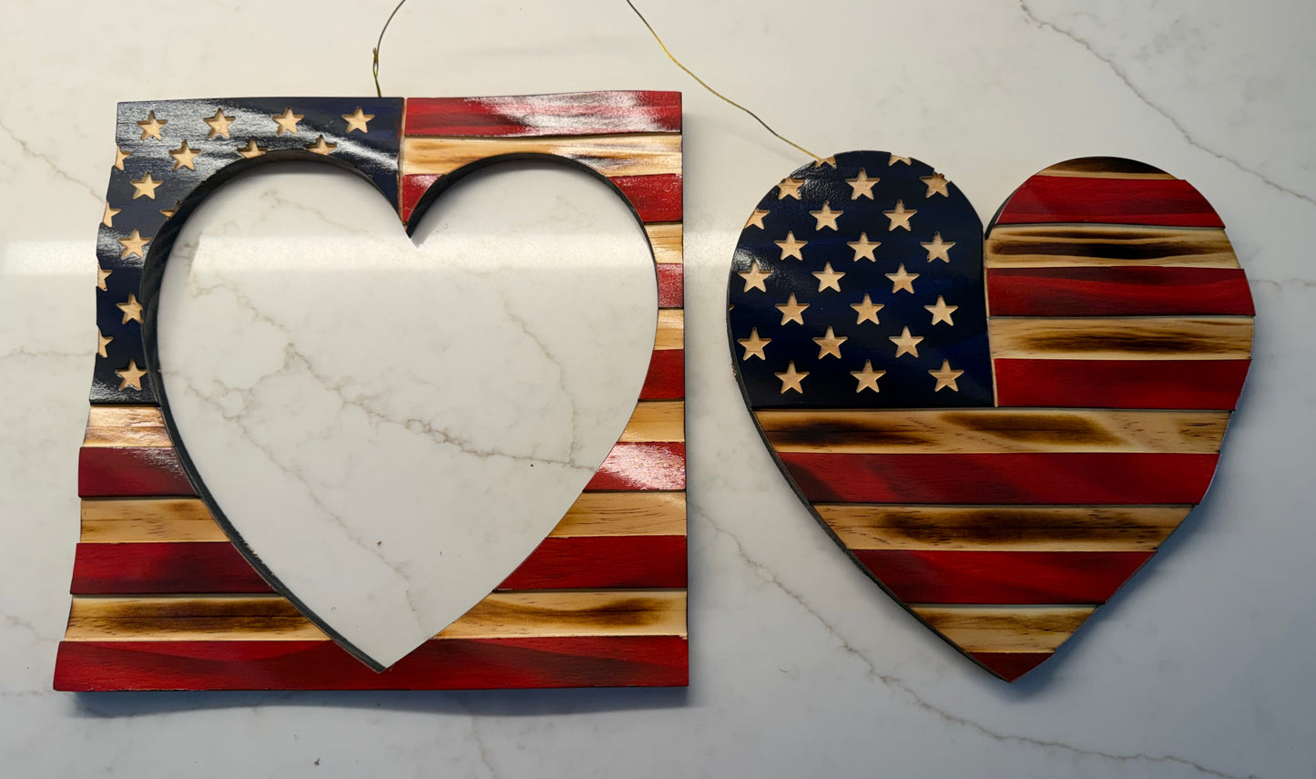 Wooden American Flag Art - 50 Star Wavy - Heart - Cutout approx 11”x11”