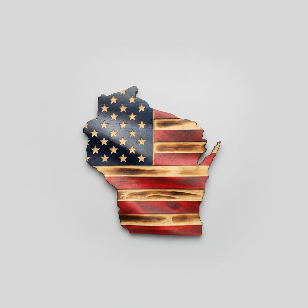 Wooden American Flag Art - 50 Star Wavy - Wisconsin Map - Cutout approx 11”x11”