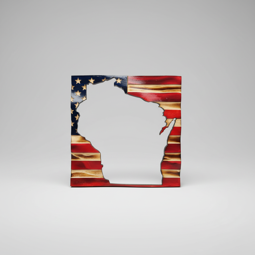 Wooden American Flag Art - 50 Star Wavy - Wisconsin Map - Cutout approx 11”x11”