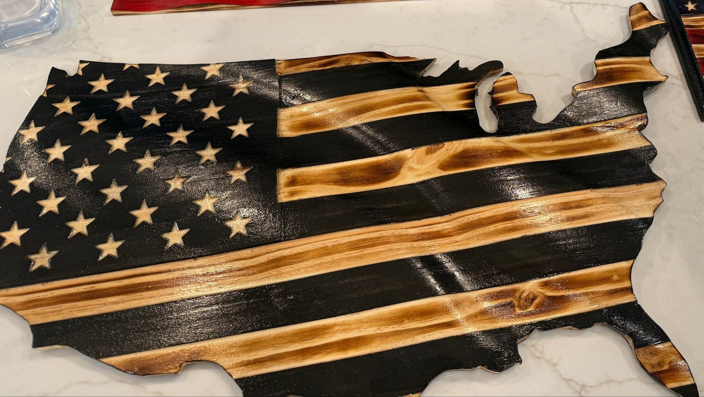 Wooden American Flag Art - 50 Star - USA Map - Cutout - Black