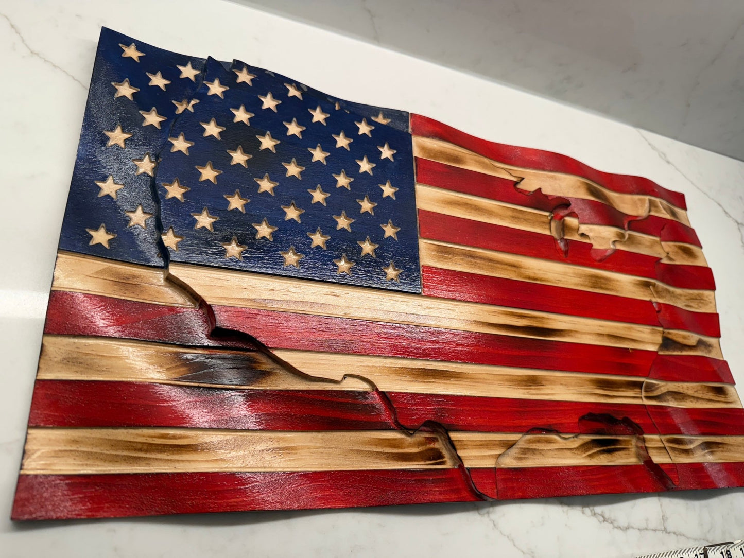 Wooden American Flag Art - 50 Star - USA Map - Raised