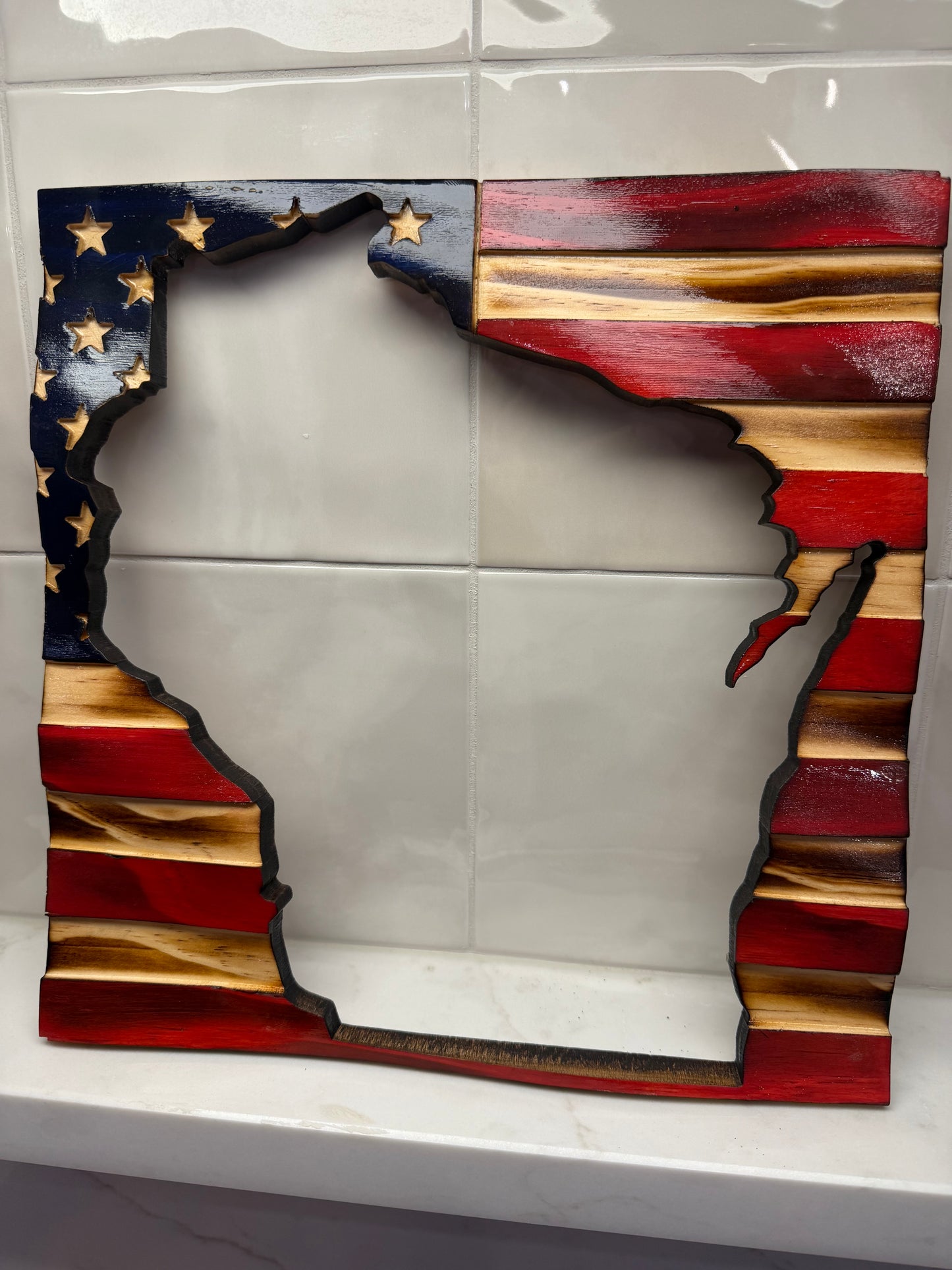 Wooden American Flag Art - 50 Star Wavy - Wisconsin Map - Cutout approx 11”x11”